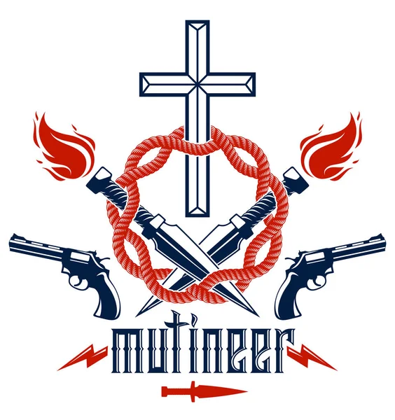 Gangster thug emblème ou logo avec Christian Cross, armes et d — Image vectorielle