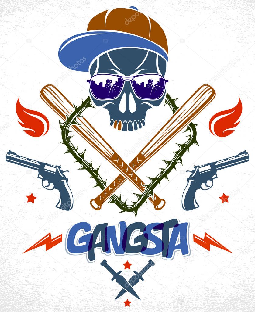 Gangster emblem logo or tattoo with aggressive skull baseball bats and other weapons and design elements, vector, criminal ghetto vintage style, gangster anarchy or mafia theme.