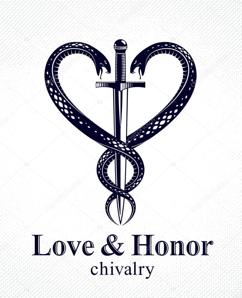 Dagger and two snakes in a shape of heart vector vintage style emblem or logo, chivalry love and honor concept, medieval Victorian style.