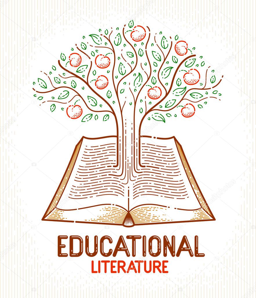 Tree growing from text lines of an open vintage book education or science knowledge concept, educational or scientific literature library vector logo or emblem.