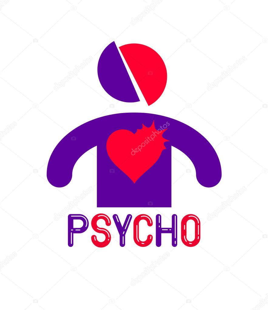 Psycho funny vector cartoon logo or poster with weird expression man icon, t shirt print or social media picture.