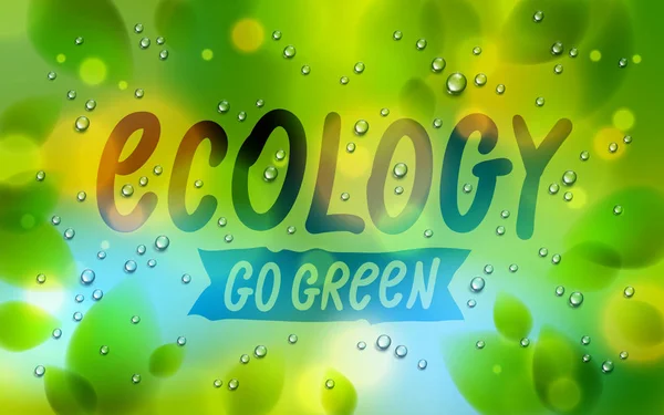 Palavra ecológica desenhada em uma janela, folhas verdes frescas e água rai — Vetor de Stock