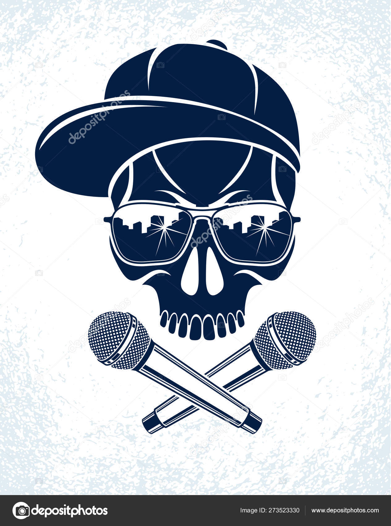 Hip Hop Music Vector Logo Or Label With Wicked Skull And Two Mic