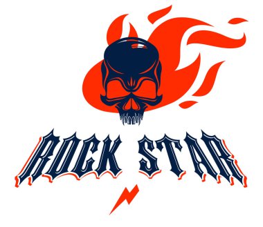 Kafatasında ateş Rock and Roll vektör logo veya amblem, agresif sk