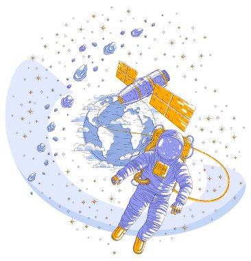Açık alanda uçan astronot uzay istasyonu ve ea bağlı