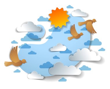 Güzel bulutlar ve güneş, Yaz c arasında gökyüzünde uçan kuşlar