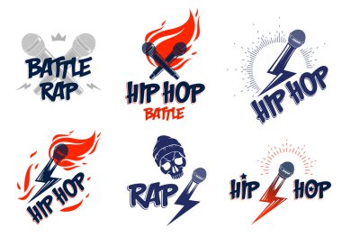 Rap müzik vektör logolar veya amblem mikrofon ile el fl ayarla