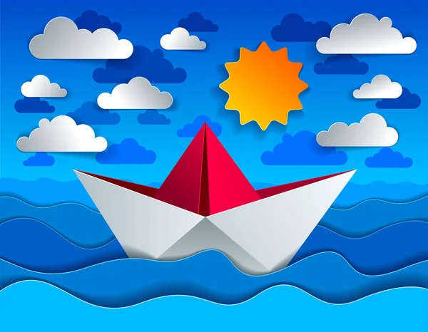 Origami papel barco juguete nadar en curvas olas del mar y cl — Vector de stock
