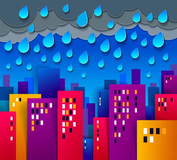 Paisaje urbano bajo lluvia ilustración vectorial de dibujos animados en papel cortado ki — Vector de stock
