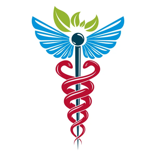 Caduceus symbool samengesteld met giftige slangen en vogel vleugels, h — Stockvector