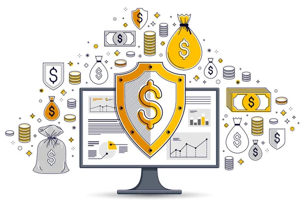 Escudo sobre monitor de computador e dólar conjunto de ícones, internet f — Vetor de Stock