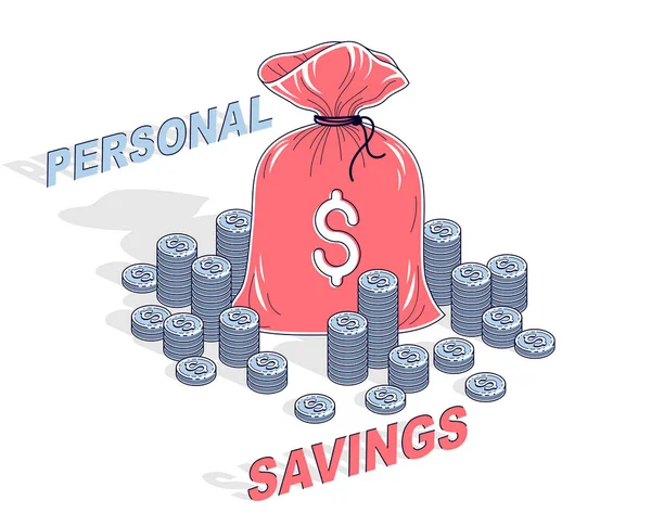Személyes megtakarítási koncepció, pénzzsák érmék cent halom elszig — Stock Vector