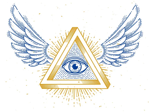 All seeing eye of god in sacred geometry triangle with bird wing — Stock Vector