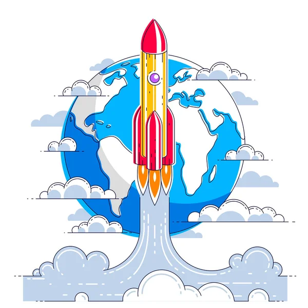 Raket lancering over planeet aarde in onontdekte ruimte. Verkennen — Stockvector