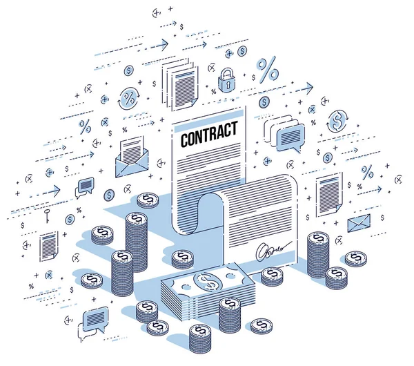 Conceito de contrato financeiro, documento legal em papel e dinheiro em dinheiro —  Vetores de Stock