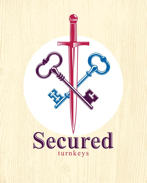 Crossed keys and dagger vector symbol emblem, turnkeys and sword — Stock Vector