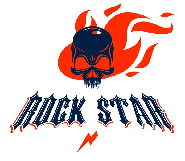 Totenkopf in Flammen Rock and Roll Vektor Logo oder Emblem, aggressive sk — Stockvektor