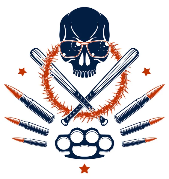 Gangster amblem logo veya dövme ile agresif kafatası beyzbol ba — Stok Vektör