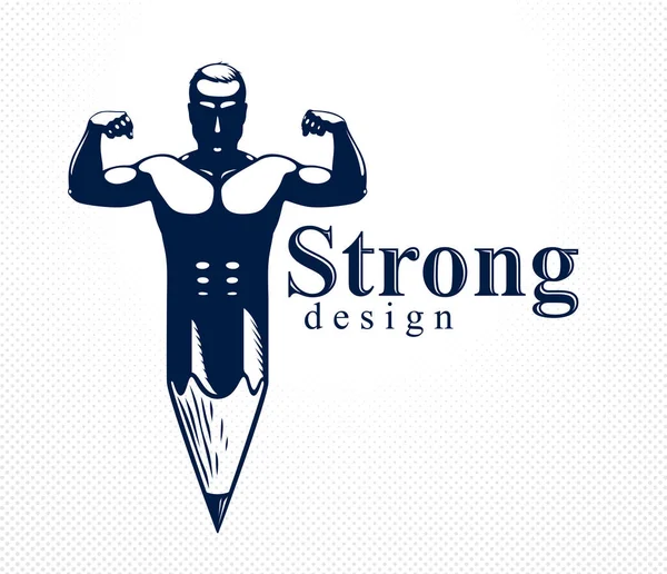 Uomo forte muscolo uomo combinato con la matita in un simbolo, forte — Vettoriale Stock