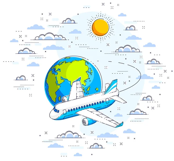 雲に囲まれた空の地球と飛行機旅客機 — ストックベクタ