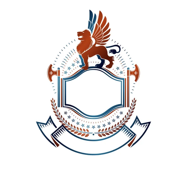 Emblema grafico con elemento animale araldico leone, sta pentagonale — Vettoriale Stock