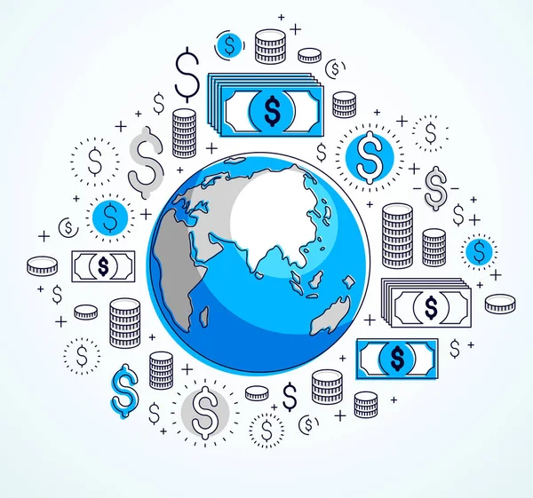 Concept d'entreprise mondial, planète Terre avec icônes dollar ensemble, int — Image vectorielle