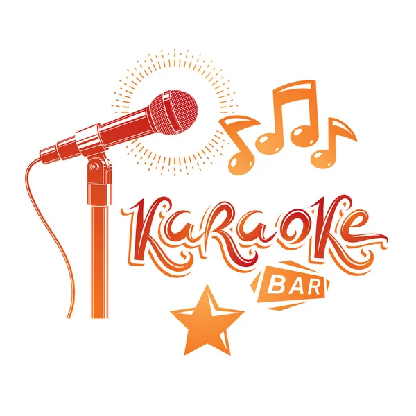 Letras de barra de karaoke compuestas con micrófono de escenario y musical — Archivo Imágenes Vectoriales