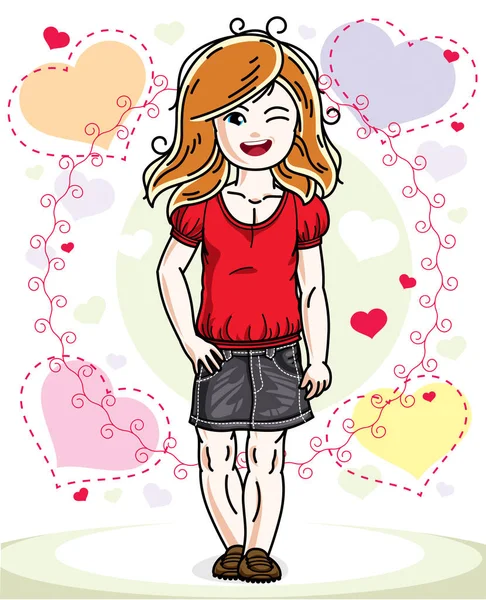 Güzel küçük kızıl saçlı kız rahat giysiler ve standin giyiyor — Stok Vektör