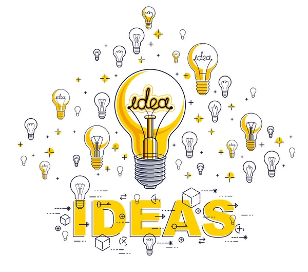 Lampadina brillante e set di icone lampadina, idee creative co — Vettoriale Stock