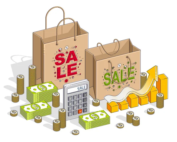 Концепция Big Sale, Retail, Sellout, Shopping Bag с деньгами — стоковый вектор