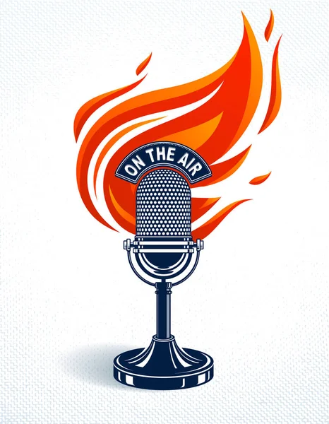 Microfone vintage em chamas, microfone quente em chamas, gravação de estúdio — Vetor de Stock