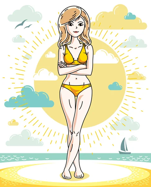 Gelukkig jonge blonde vrouw poseren op tropisch strand en het dragen van SW — Stockvector