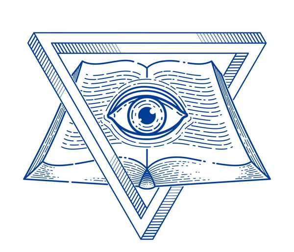 Secret Knowledge Vintage öppen bok med alla seende Guds öga i — Stock vektor
