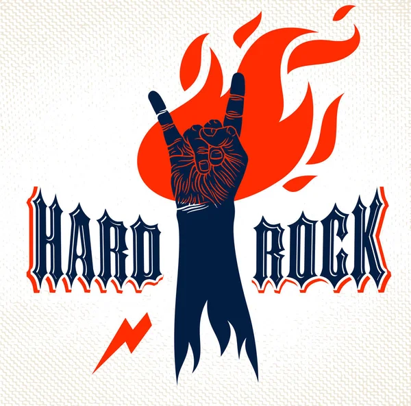 Cartel de mano de rock en el fuego, música caliente gesto de rock and roll en llamas — Vector de stock