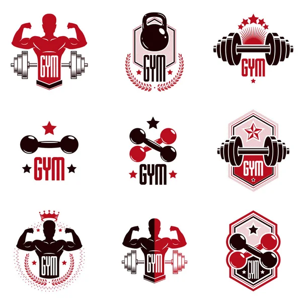 Ginásio de levantamento de peso e fitness clube de esportes logotipos, retro v estilizado —  Vetores de Stock