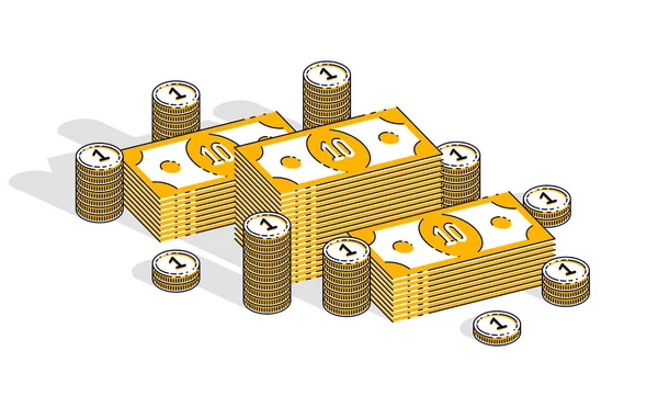 Soldi in contanti banknites pile e pile di monete isolate su ba bianca — Vettoriale Stock