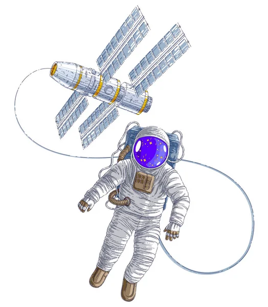 Űrhajós repülő nyílt térben csatlakozik űrállomás, tér — Stock Vector