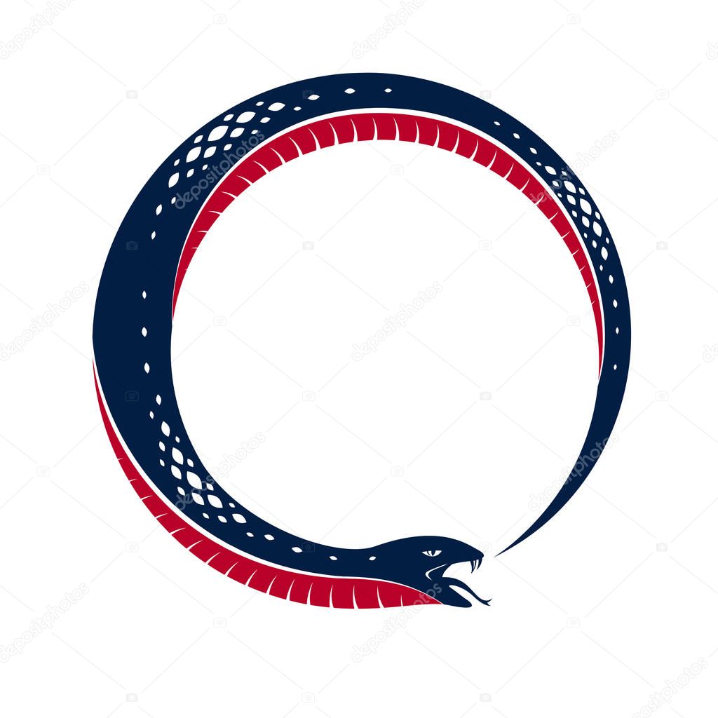 Snake eating its own tale, Uroboros Snake in a shape of circle, endless cycle of life and death, Ouroboros ancient symbol vector illustration logo, emblem or tattoo.