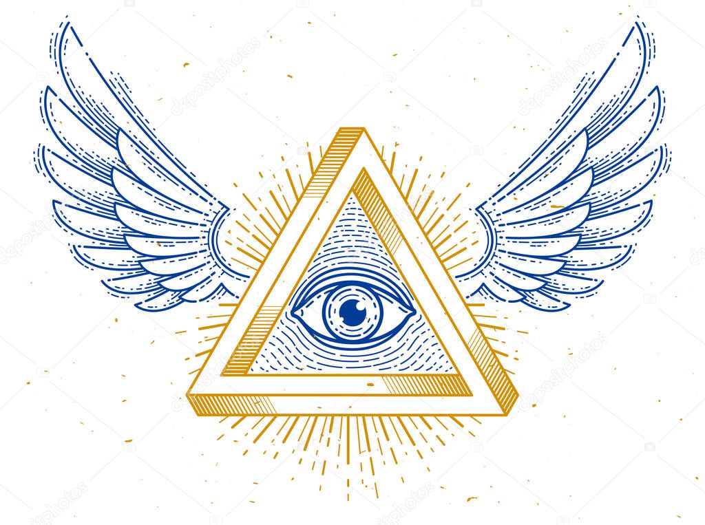 All seeing eye of god in sacred geometry triangle with bird wings of falcon or angel, masonry and illuminati symbol, vector logo or emblem design element.