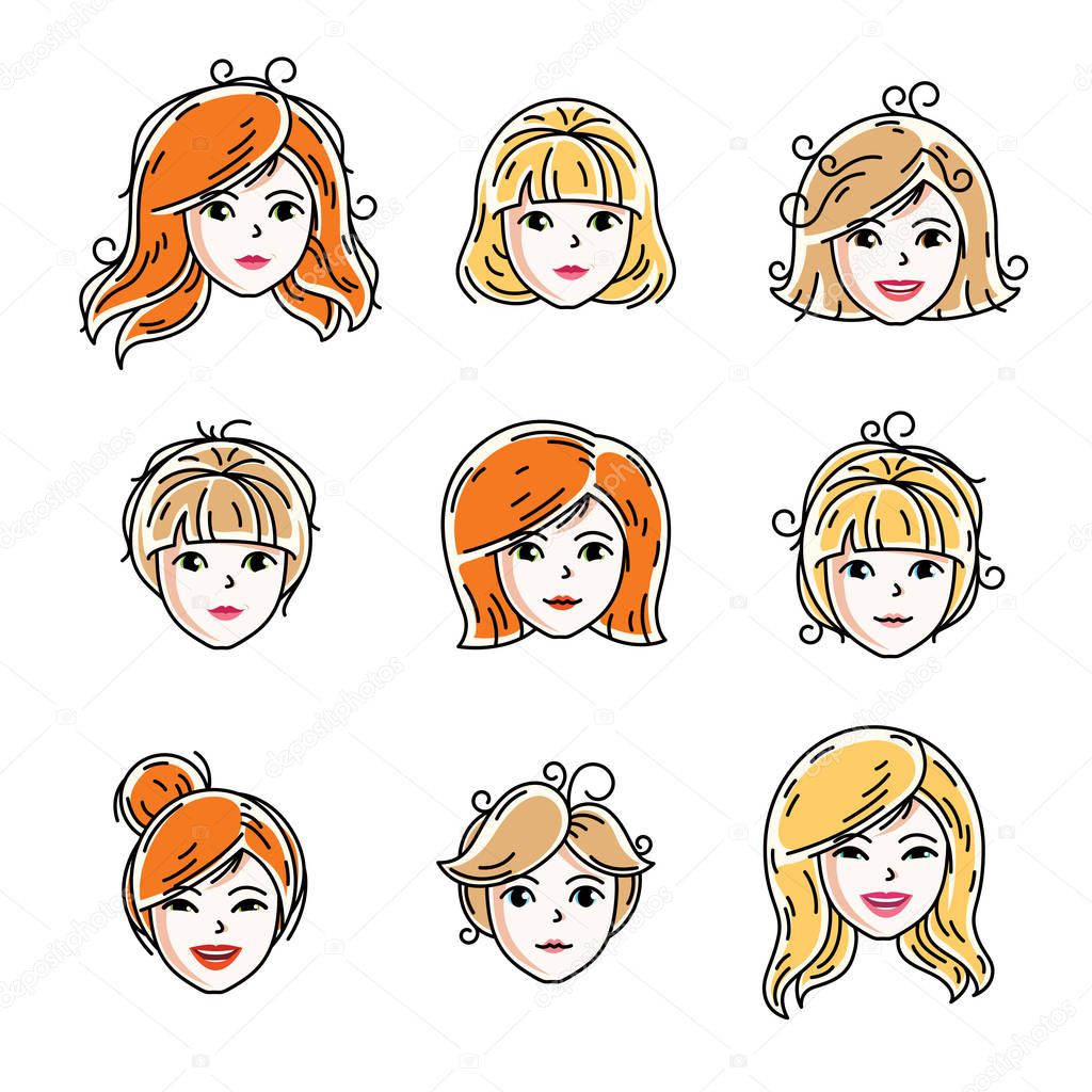 Set of women faces, human heads. Different vector characters lik