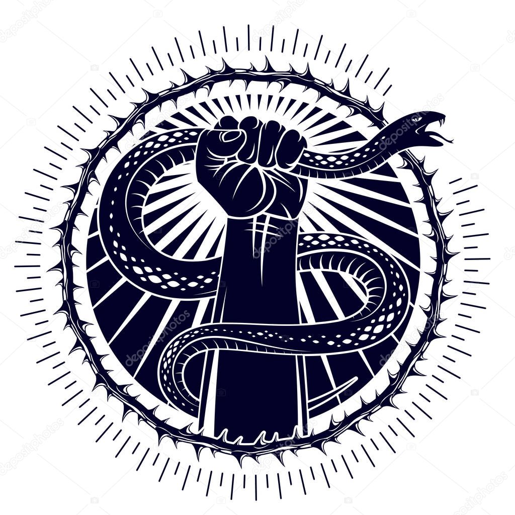 Hand squeezes a snake, fight against evil, control your dark side, internal conflict, archetype shadow, life is a fight concept, vintage vector logo or tattoo.