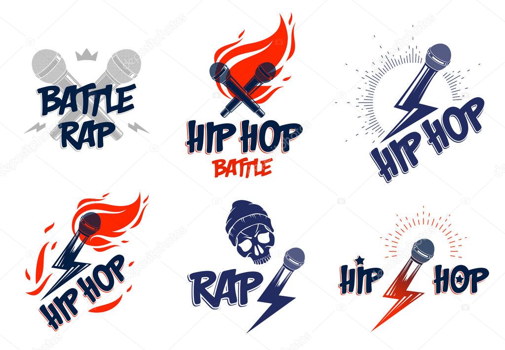 Rap music vector logos or emblems set with microphone in hand flames and lightning bolt, hot Hip Hop rhymes festival concert or night club party labels, t-shirt prints.