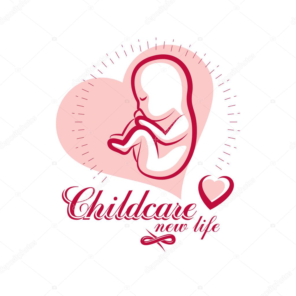 Vector embryo emblem placed in a heart shape. New life beginning drawing. Neonatal care center conceptual symbol