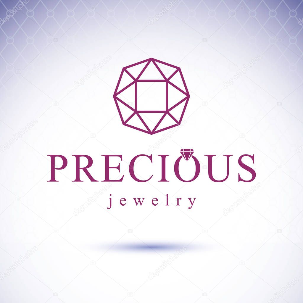 Vector faceted gemstone illustration with sparkles, polygonal. Luxury diamond sign emblem.