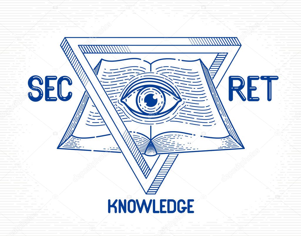 Secret knowledge vintage open book with all seeing eye of god in sacred geometry triangle, insight and enlightenment, masonry or illuminati symbol, vector logo or emblem design element.