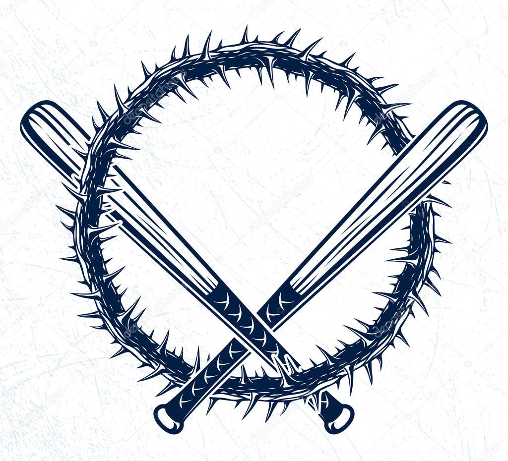 Baseball bats crossed vector criminal gang logo or sign, gangster style theme.