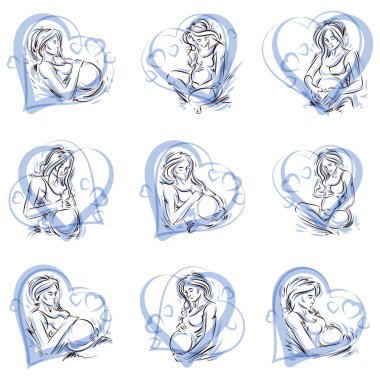 Attractive pregnant woman body silhouette drawings. Vector illus clipart