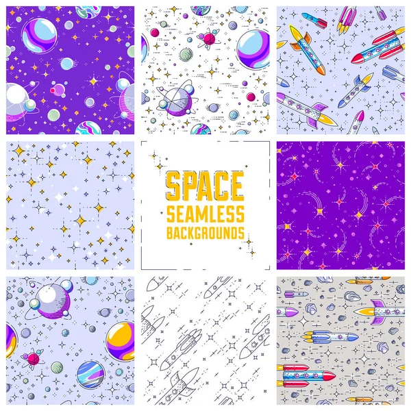 Set di sfondi spaziali senza soluzione di continuità con razzi, pianeti, asteroi — Vettoriale Stock