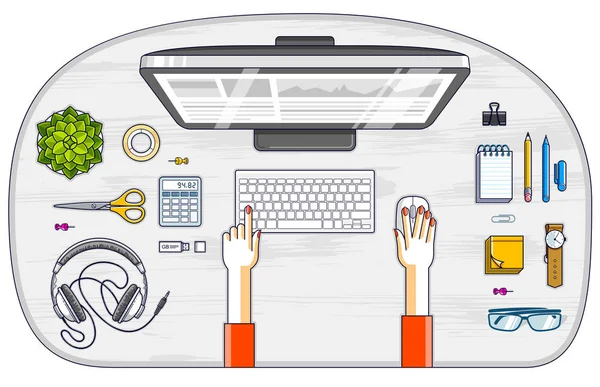 Empleado de oficina o empresario mesa de trabajo con las manos a — Archivo Imágenes Vectoriales