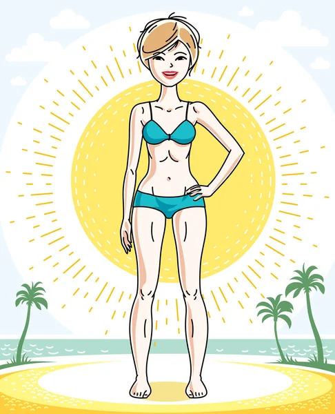 Joyeux jolie jeune femme blonde debout sur la plage tropicale avec — Image vectorielle